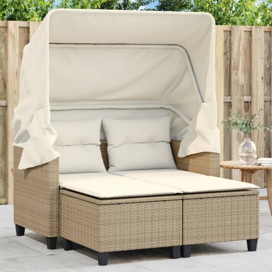 2 személyes bézs polyrattan kerti kanapé baldachinnal/székkel