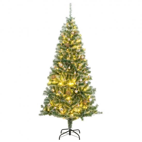 Műkarácsonyfa 300 LED-del, gömbszettel és hópehellyel 180 cm