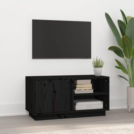 Fekete tömör fenyőfa TV-szekrény 80 x 35 x 40,5 cm