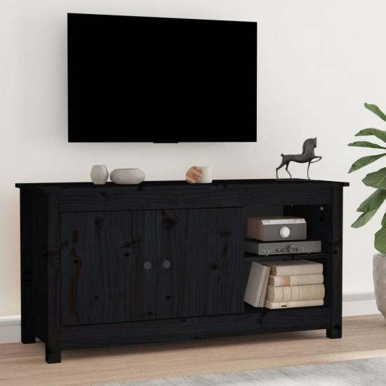 Fekete tömör fenyőfa TV-szekrény 103 x 36,5 x 52 cm
