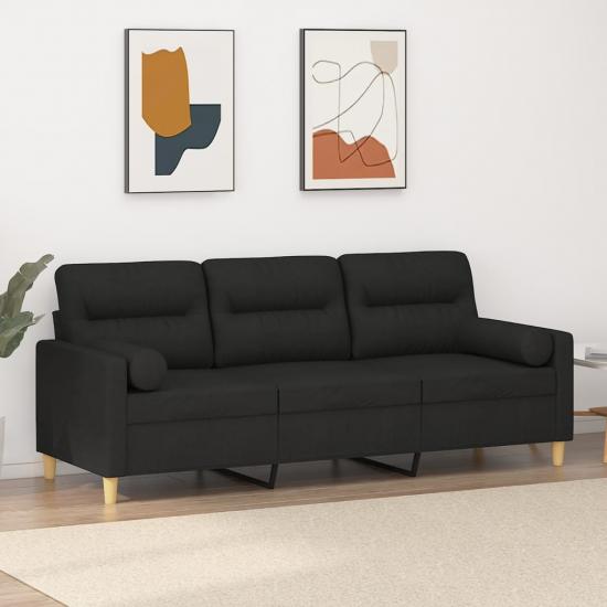 3 személyes fekete szövet kanapé díszpárnákkal 180 cm