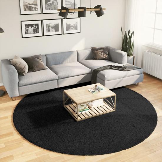 Fekete hosszú szálú bozontos modern szőnyeg Ø 240 cm