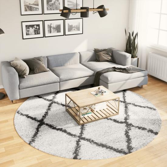 Krém és fekete hosszú szálú bozontos modern szőnyeg Ø 240 cm