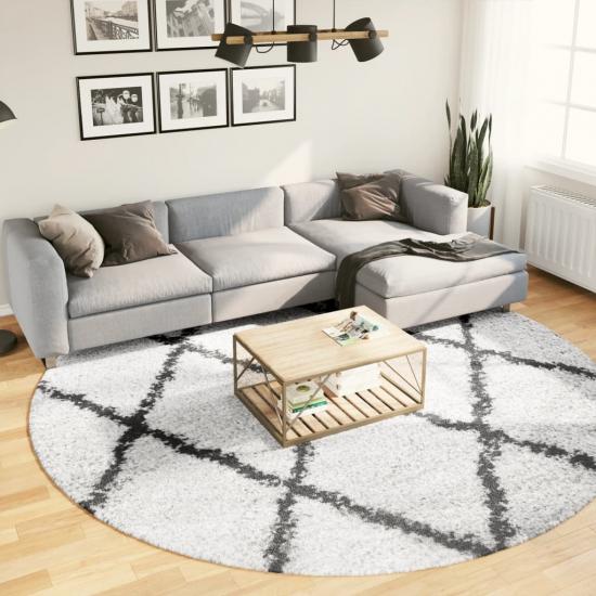 Krém és fekete hosszú szálú bozontos modern szőnyeg Ø 280 cm