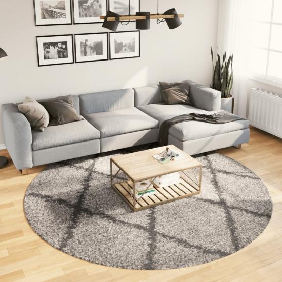 Bézs és antracit hosszú szálú bozontos modern szőnyeg Ø 240 cm