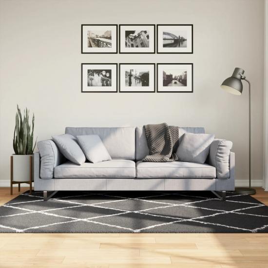 Fekete és krém hosszú szálú bozontos modern szőnyeg 140 x 200cm