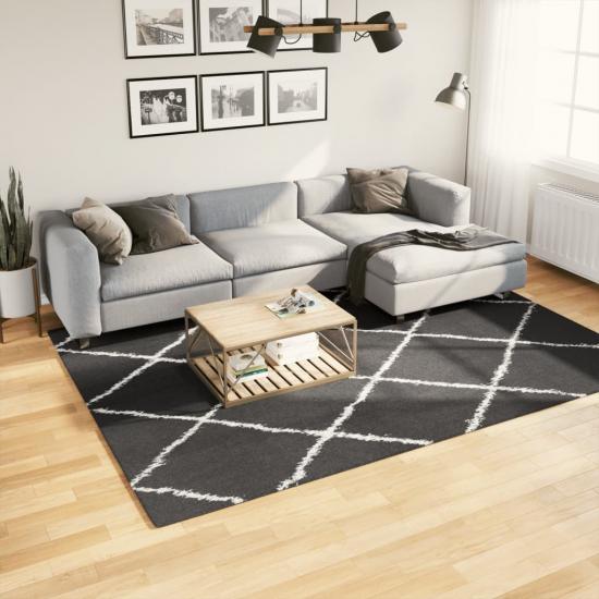 Fekete és krém hosszú szálú bozontos modern szőnyeg 200 x 280cm