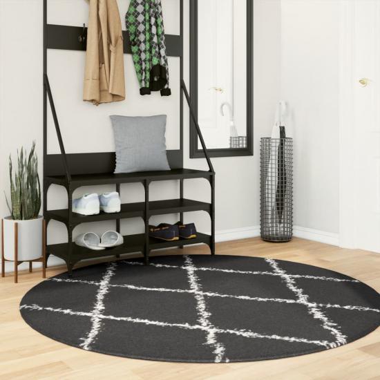 Fekete és krém hosszú szálú bozontos modern szőnyeg Ø 160 cm