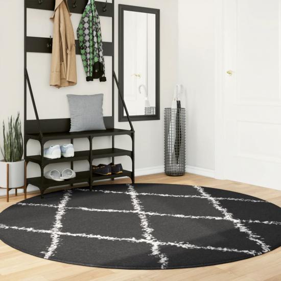 Fekete és krém hosszú szálú bozontos modern szőnyeg Ø 200 cm