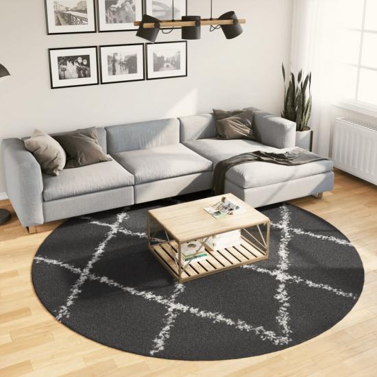 Fekete és krém hosszú szálú bozontos modern szőnyeg Ø 240 cm