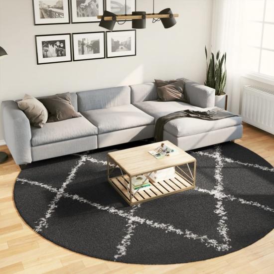 Fekete és krém hosszú szálú bozontos modern szőnyeg Ø 280 cm