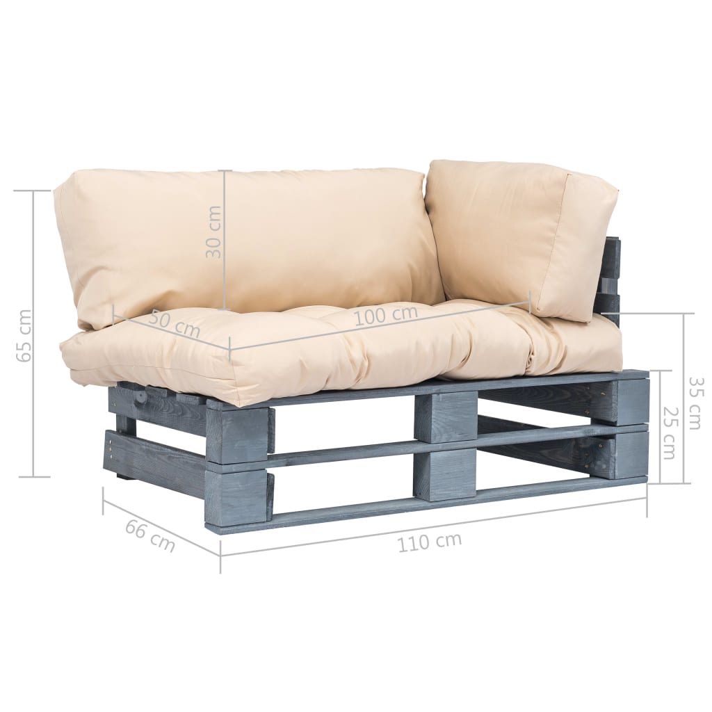 Fenyőfa kerti raklapkanapé homokszínű párnákkal