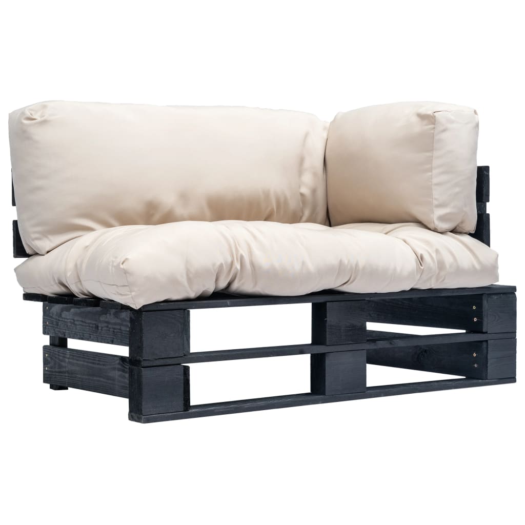 Fenyőfa kerti raklapkanapé homokszínű párnákkal