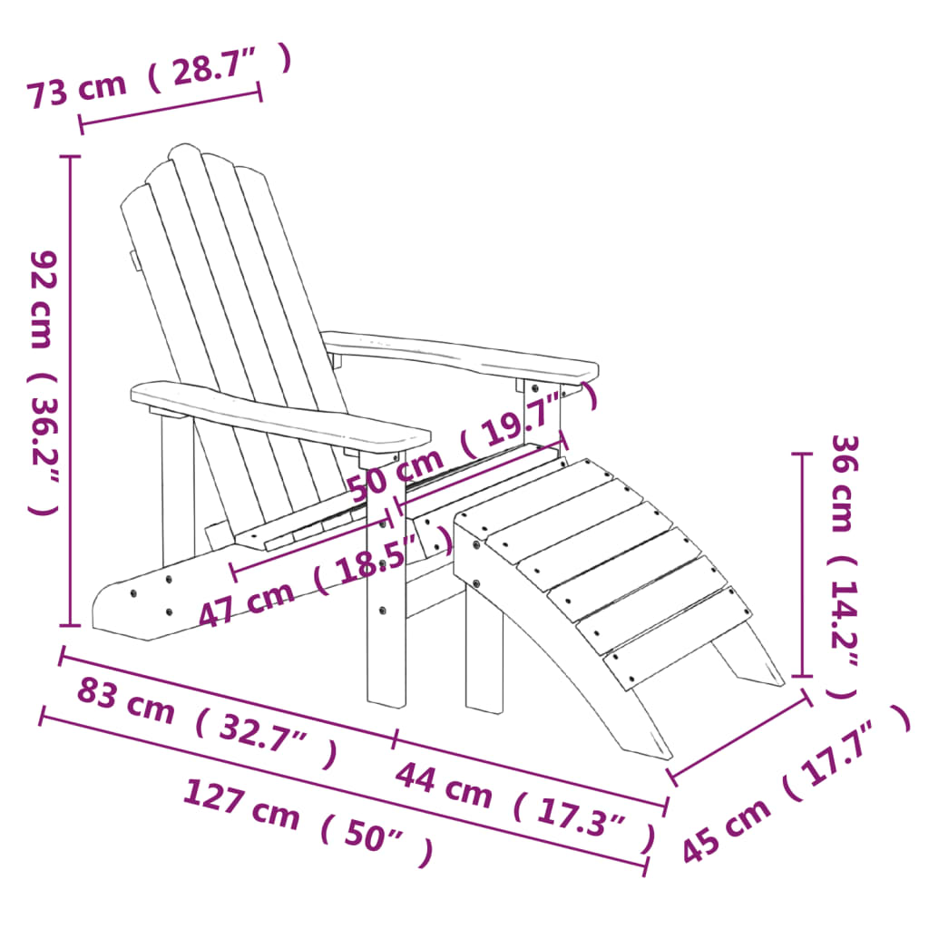 Vízkék HDPE kerti adirondack szék lábtartóval és asztallal