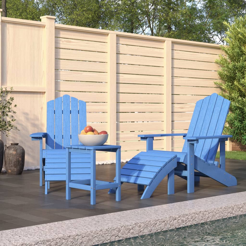 Vízkék HDPE kerti adirondack székek lábtartóval és asztallal