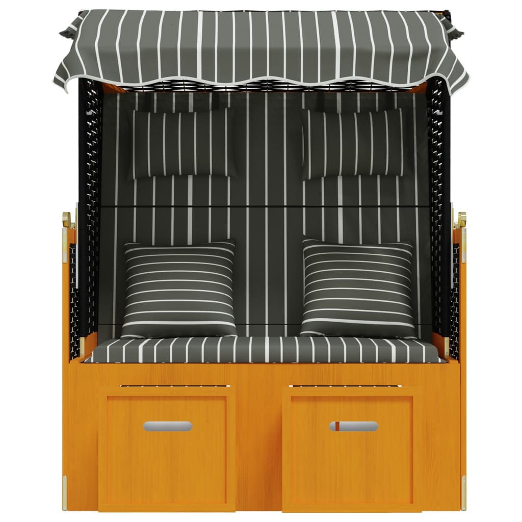 Fekete és szürke polyrattan és tömör fa strandszék párnákkal