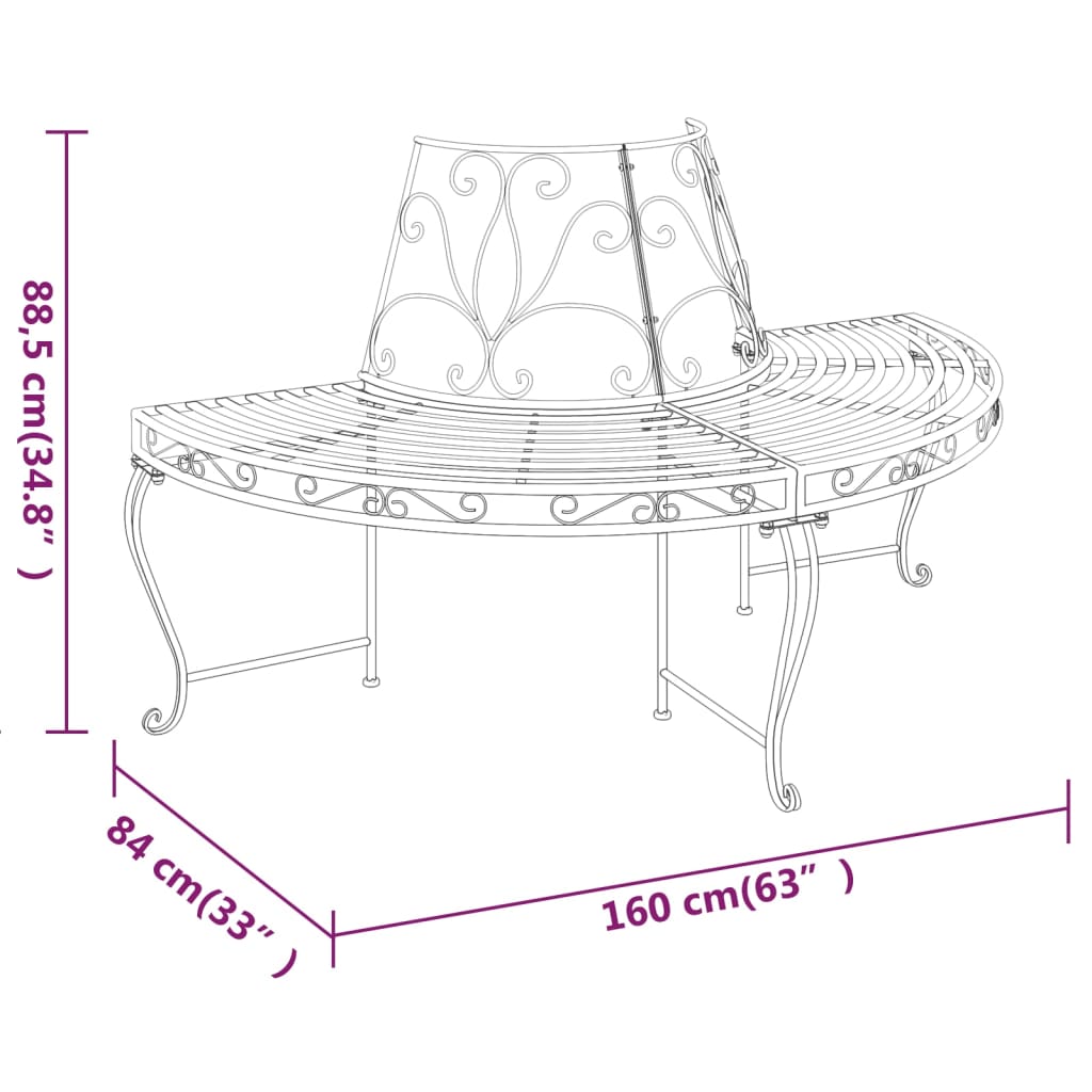 Fekete acél félkör alakú fa körüli pad Ø160 cm