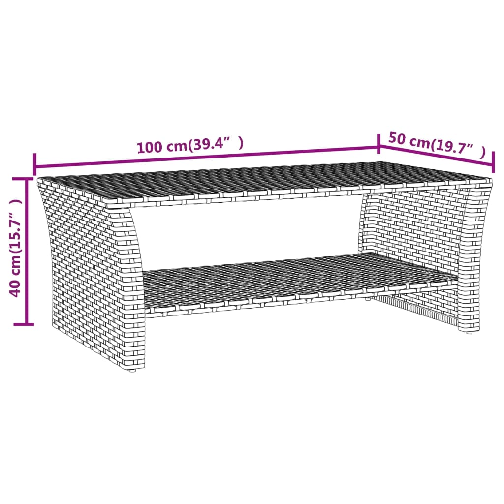 Szürke polyrattan dohányzóasztal 100 x 50 x 40 cm