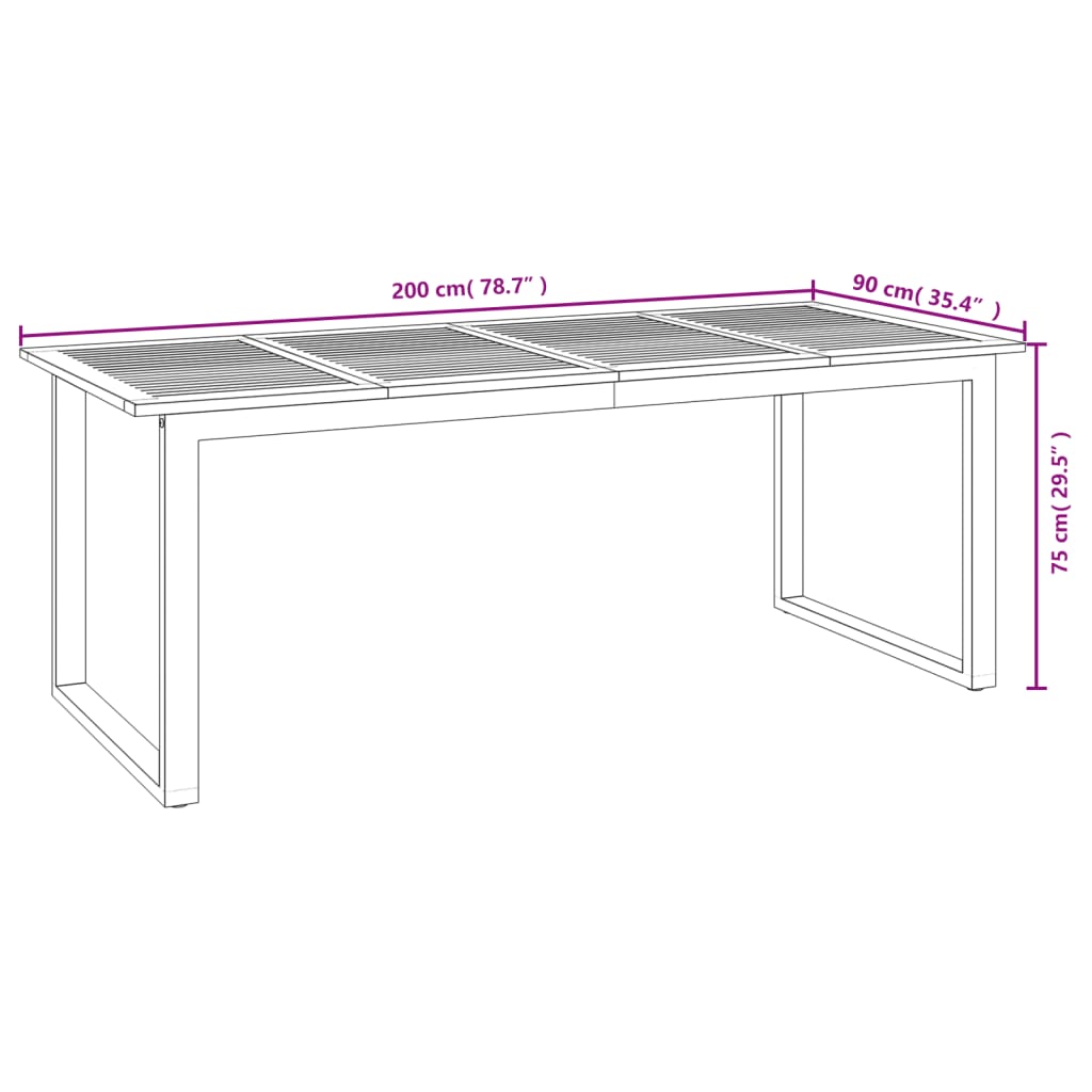 Tömör akácfa kerti asztal U-alakú lábakkal 200 x 90 x 75 cm