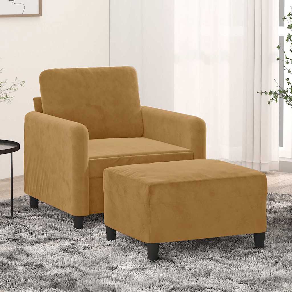 Barna bársony kanapéfotel lábtartóval 60 cm