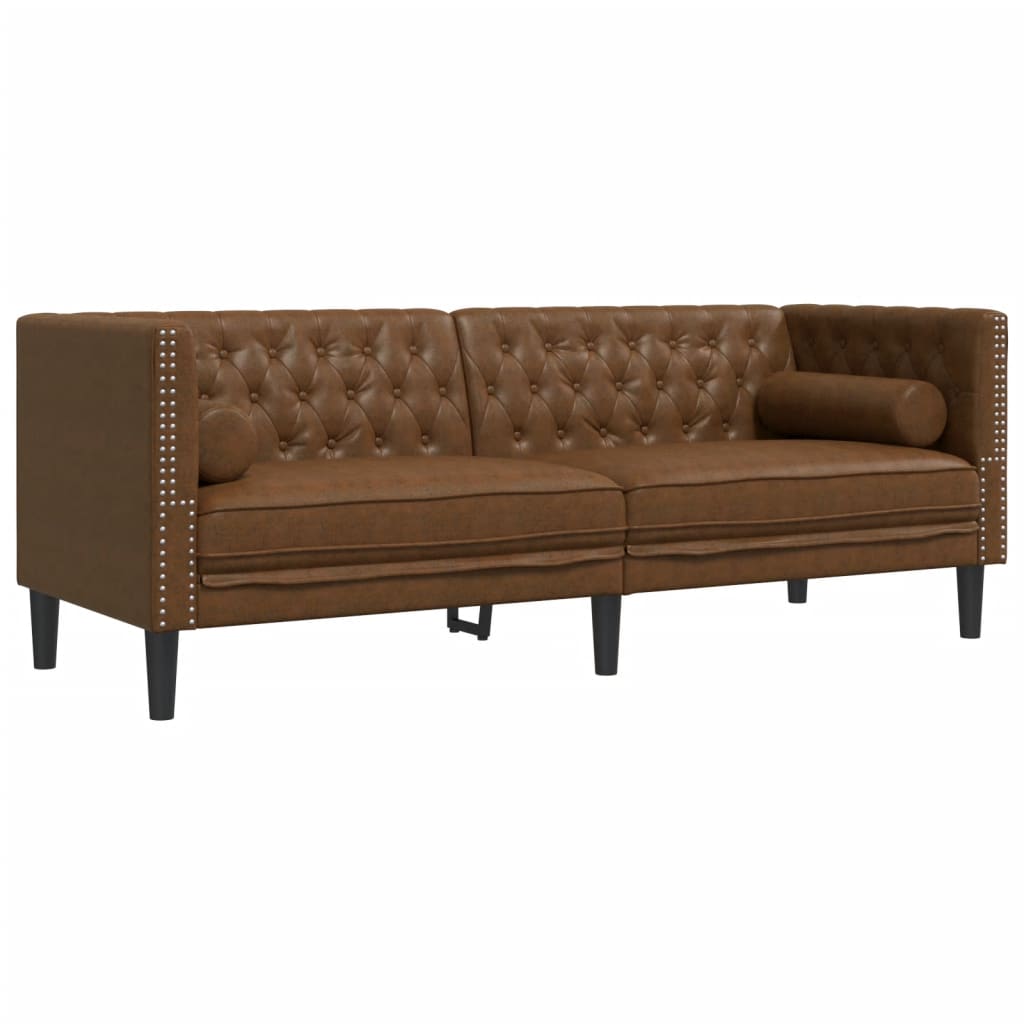 2 részes barna művelúr Chesterfield kanapészett hengerpárnákkal