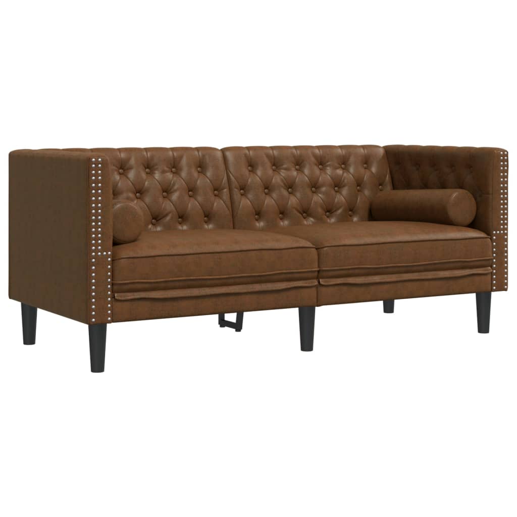 2 részes barna művelúr Chesterfield kanapészett hengerpárnákkal