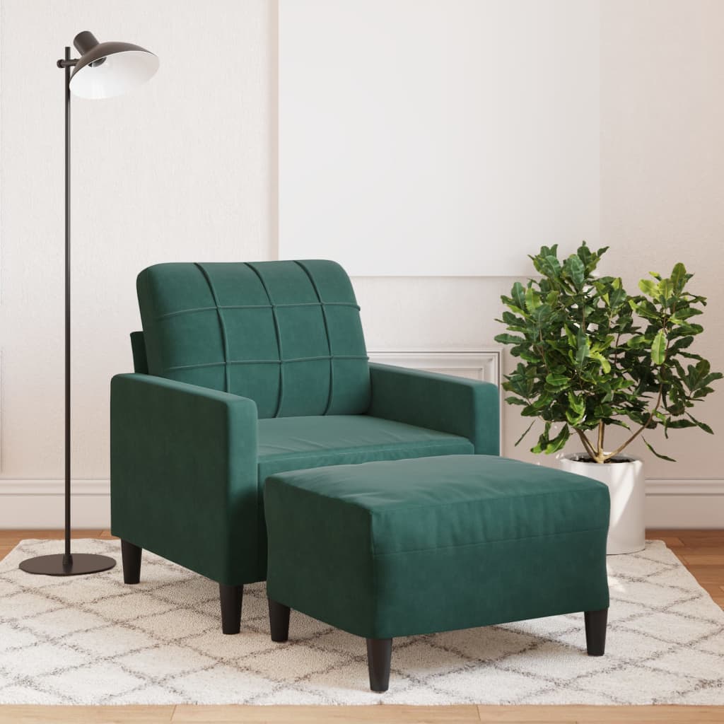 Sötétzöld bársony kanapéfotel lábtartóval 60 cm