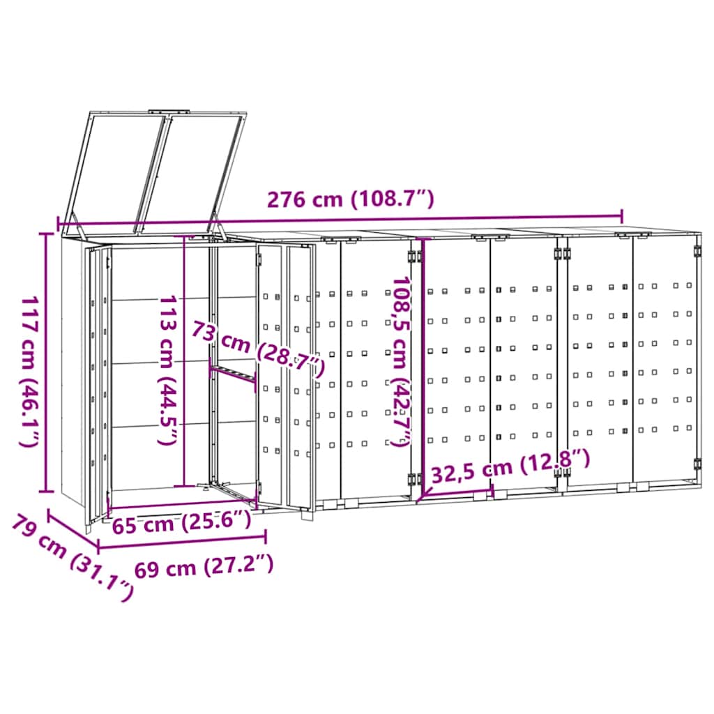 Fekete acél kerekes tároló 4 szemeteskukához 276 x 79 x 117 cm