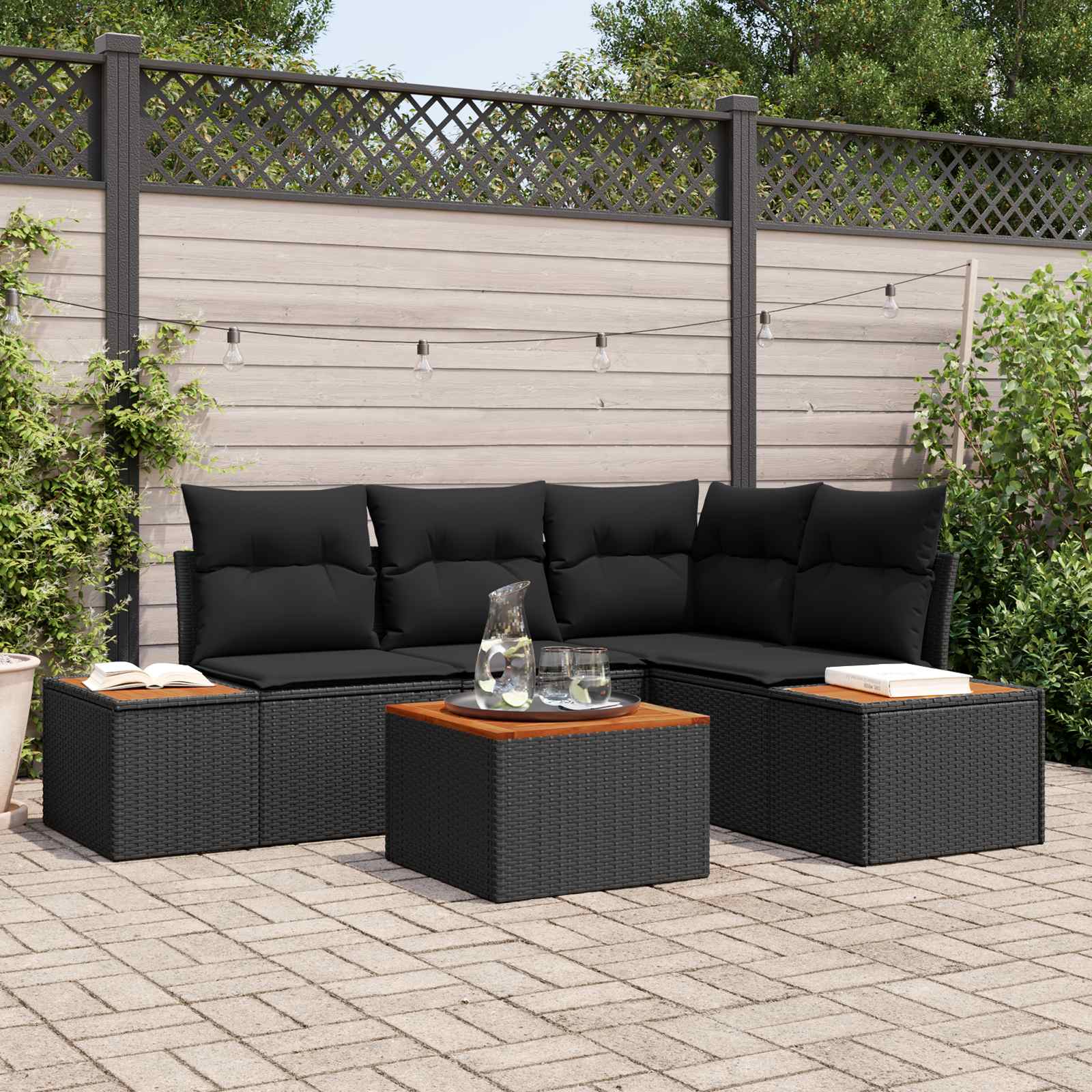 Kerti Kanapé Szett párnával tárolóval 4 pcs Fekete Polyrattan