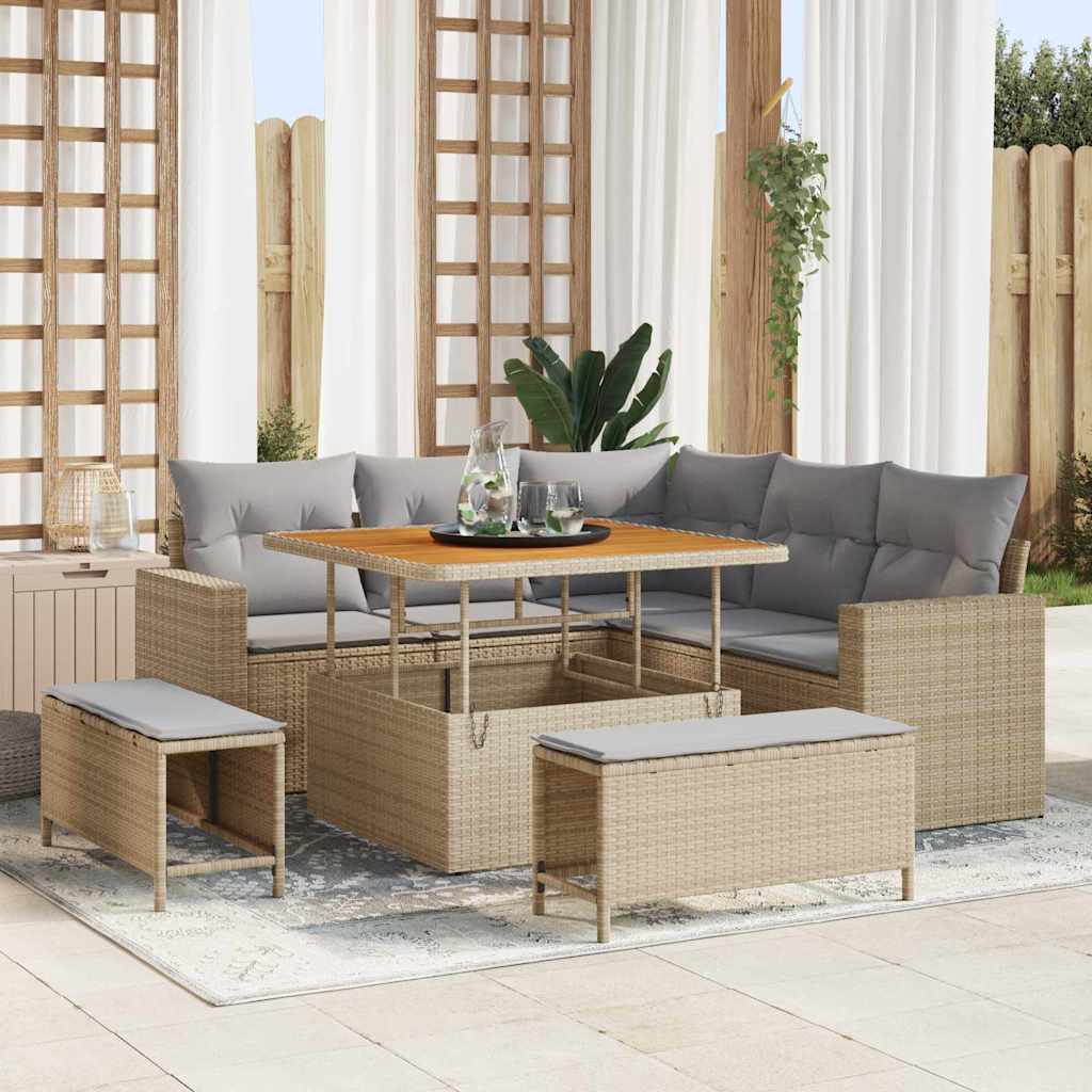 Kerti Kanapé Szett 9 pcs Beige és Világosszürke polirattan