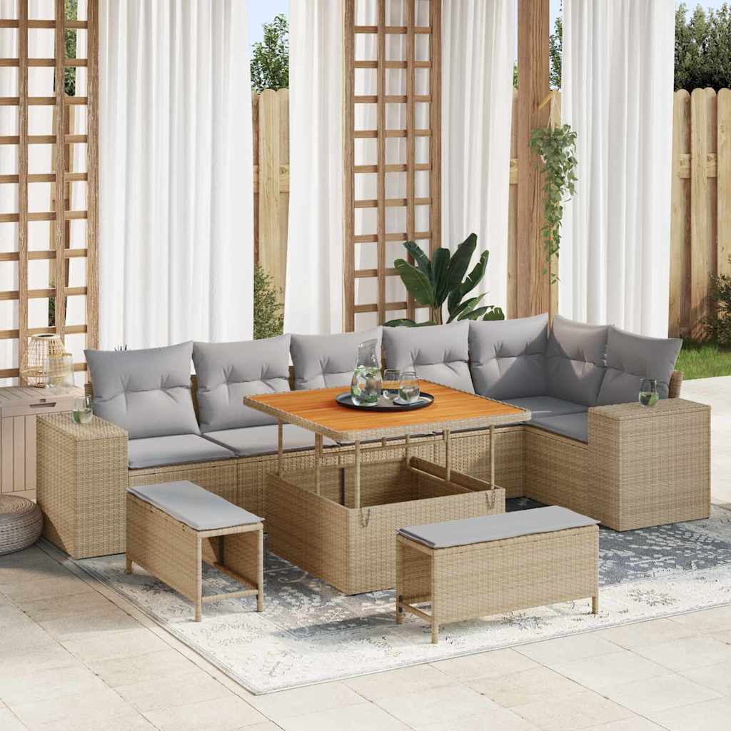 Kerti Kanapé Szett 9 pcs Beige és Világosszürke polirattan