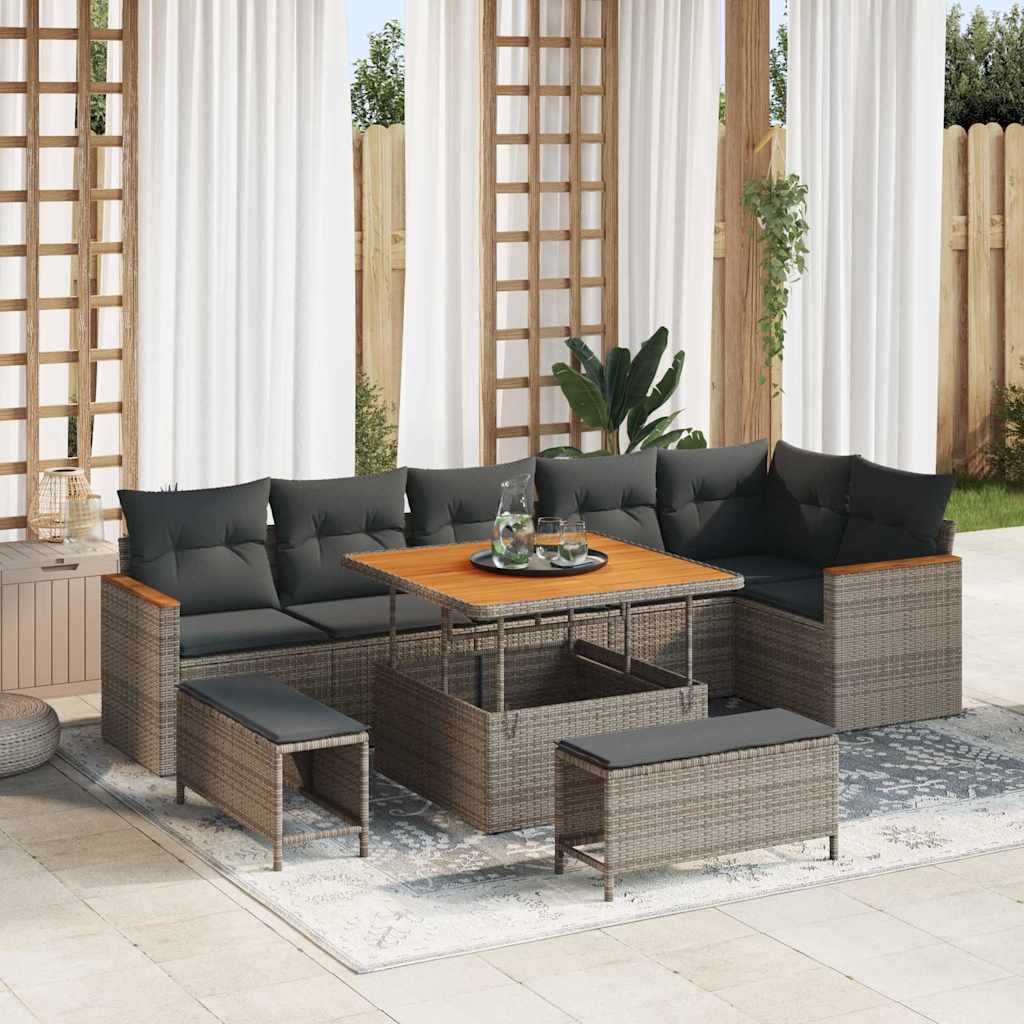 Kerti Kanapé Szett párnával 9 pcs Szürke Poli rattan