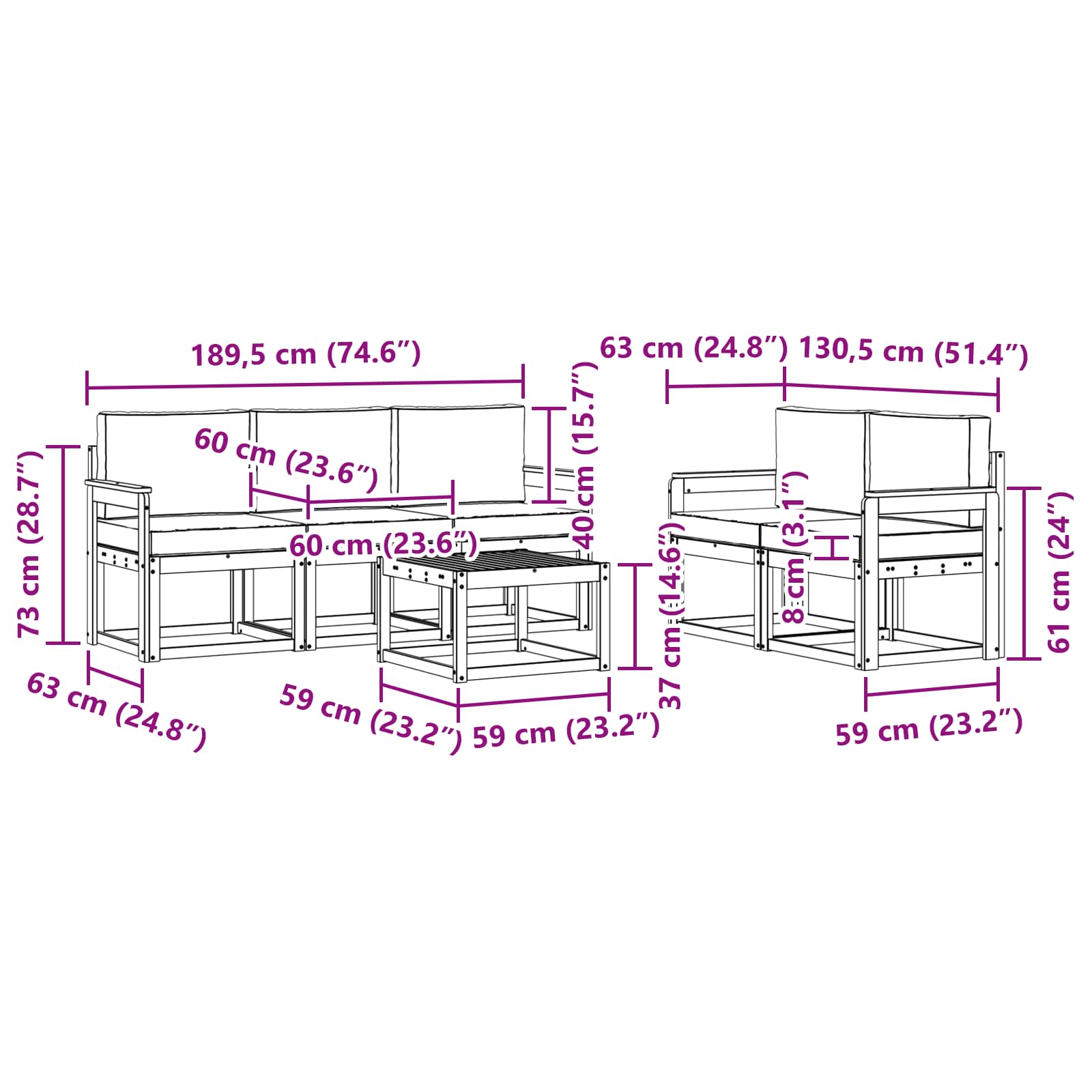 Kültéri kanapé szett 6 pcs Természetes és Világosszürke