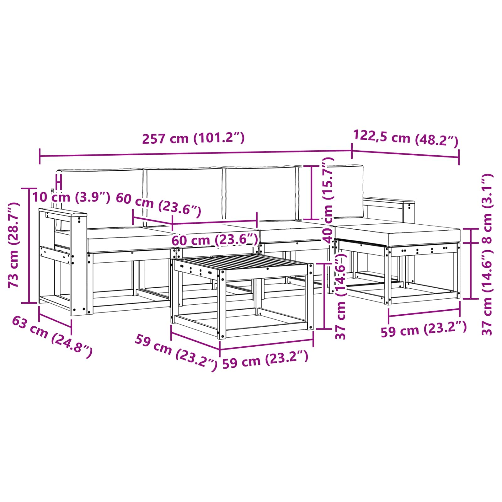 Kültéri kanapé szett párnával 6 pcs Természetes és krémszínű