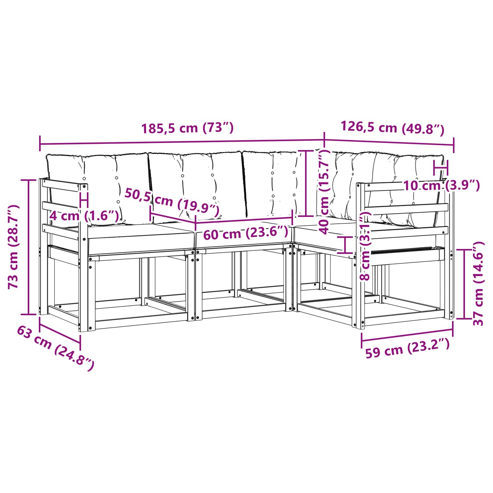 Kültéri kanapé szett párnával 4 pcs Természetes és fekete