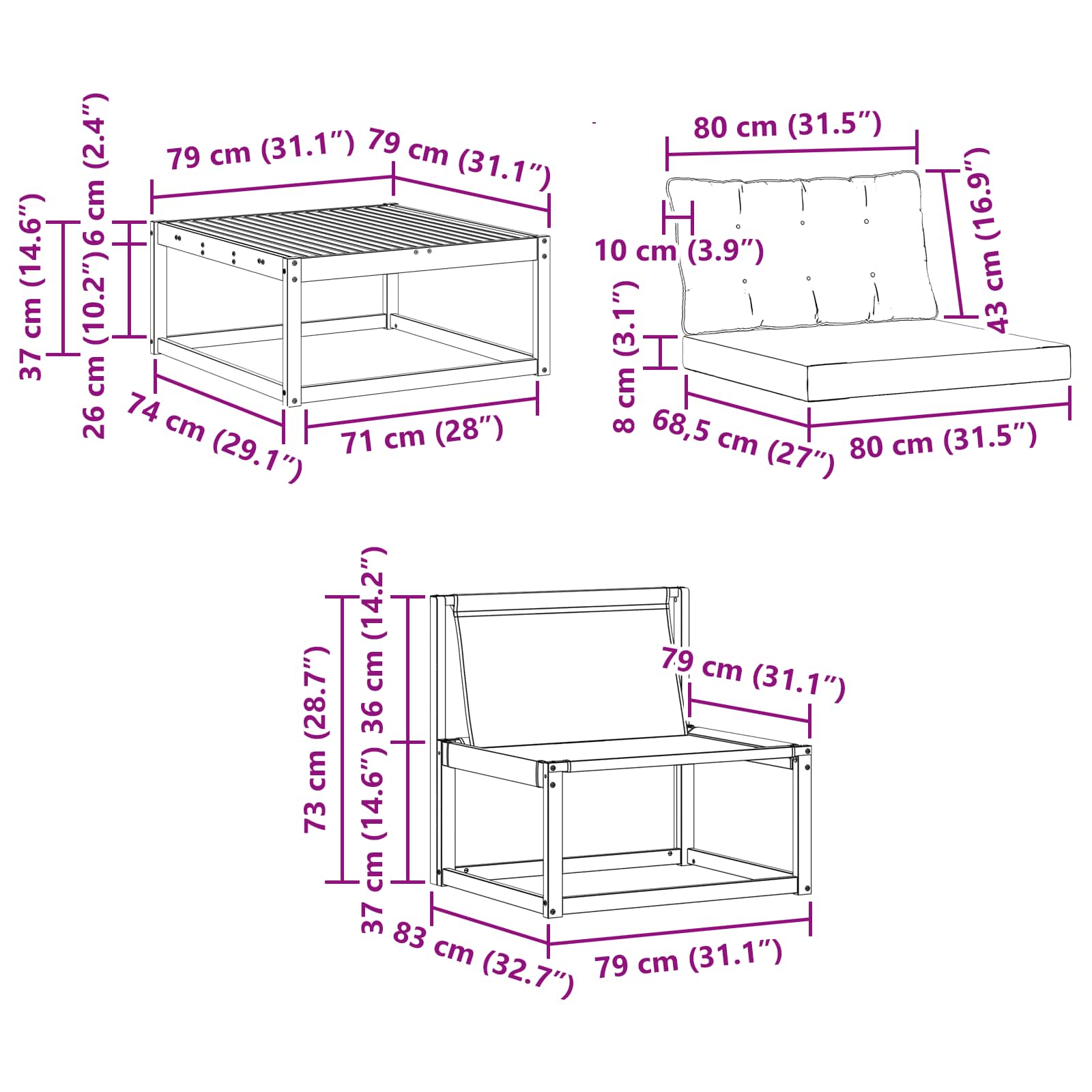 Kültéri kanapé szett párnával 9 pcs Természetes és fekete