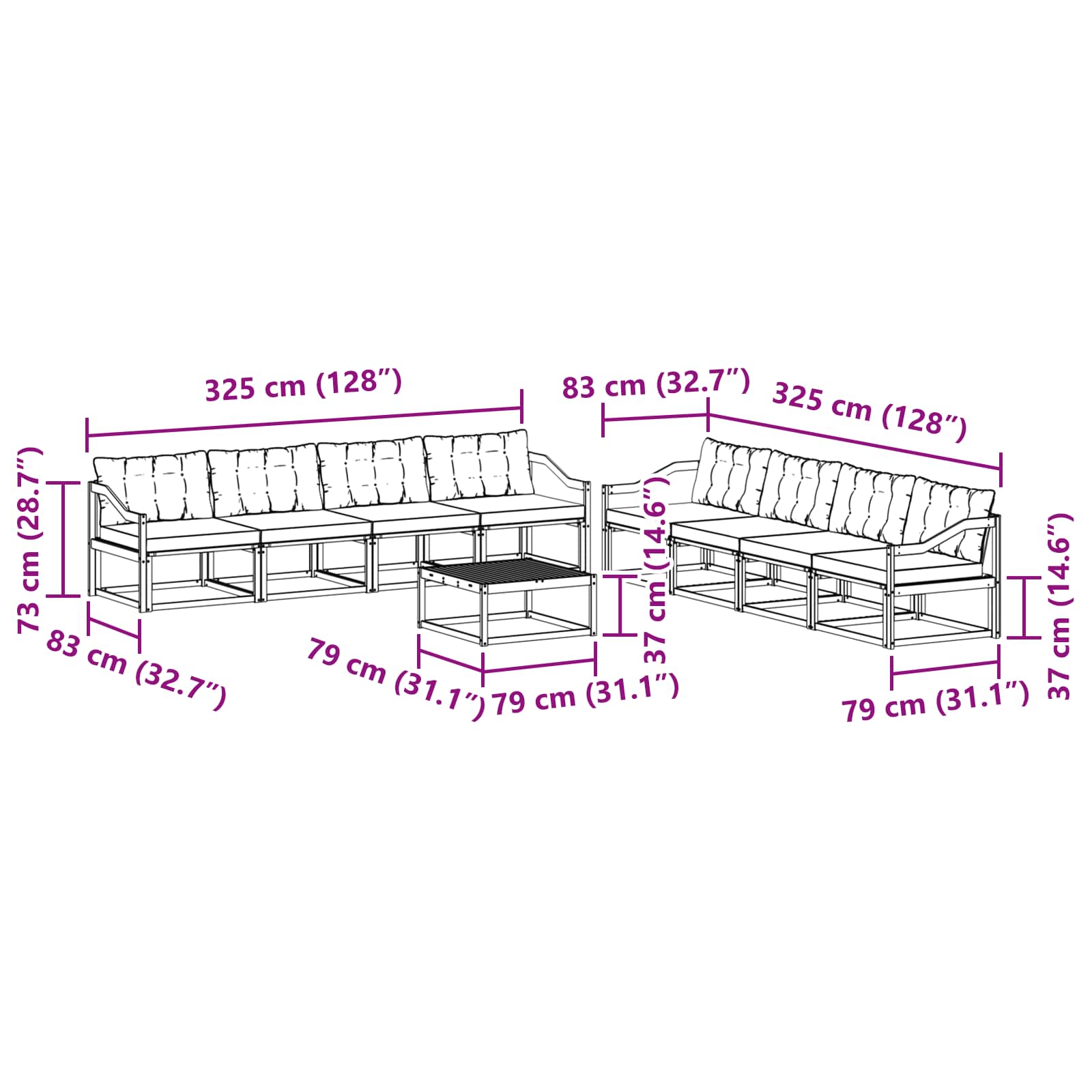 Kültéri kanapé szett párnával 9 pcs Természetes és fekete