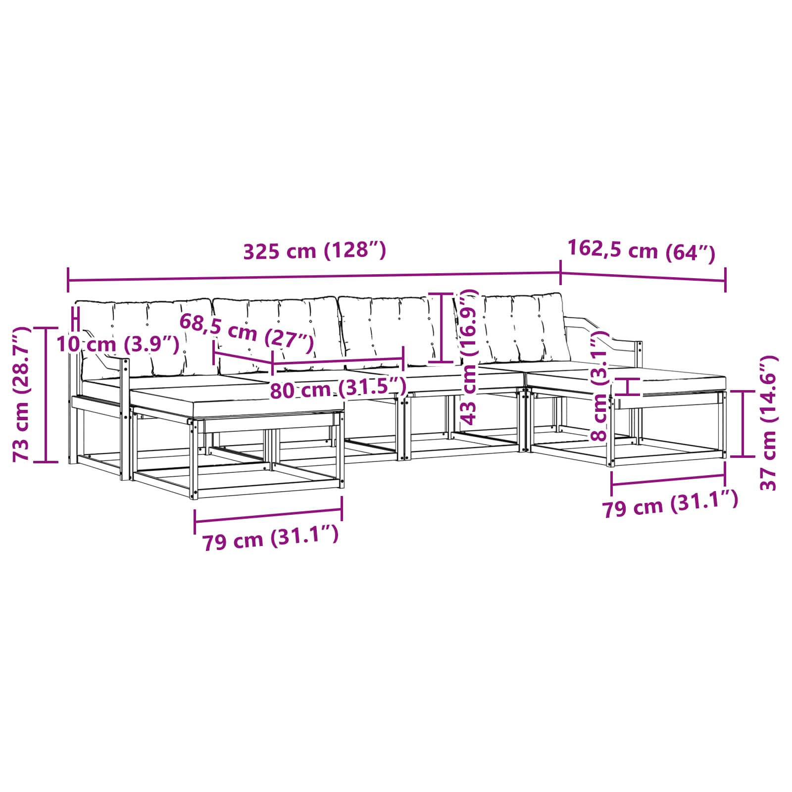 Kültéri kanapé szett párnával 6 pcs Természetes és krémszínű