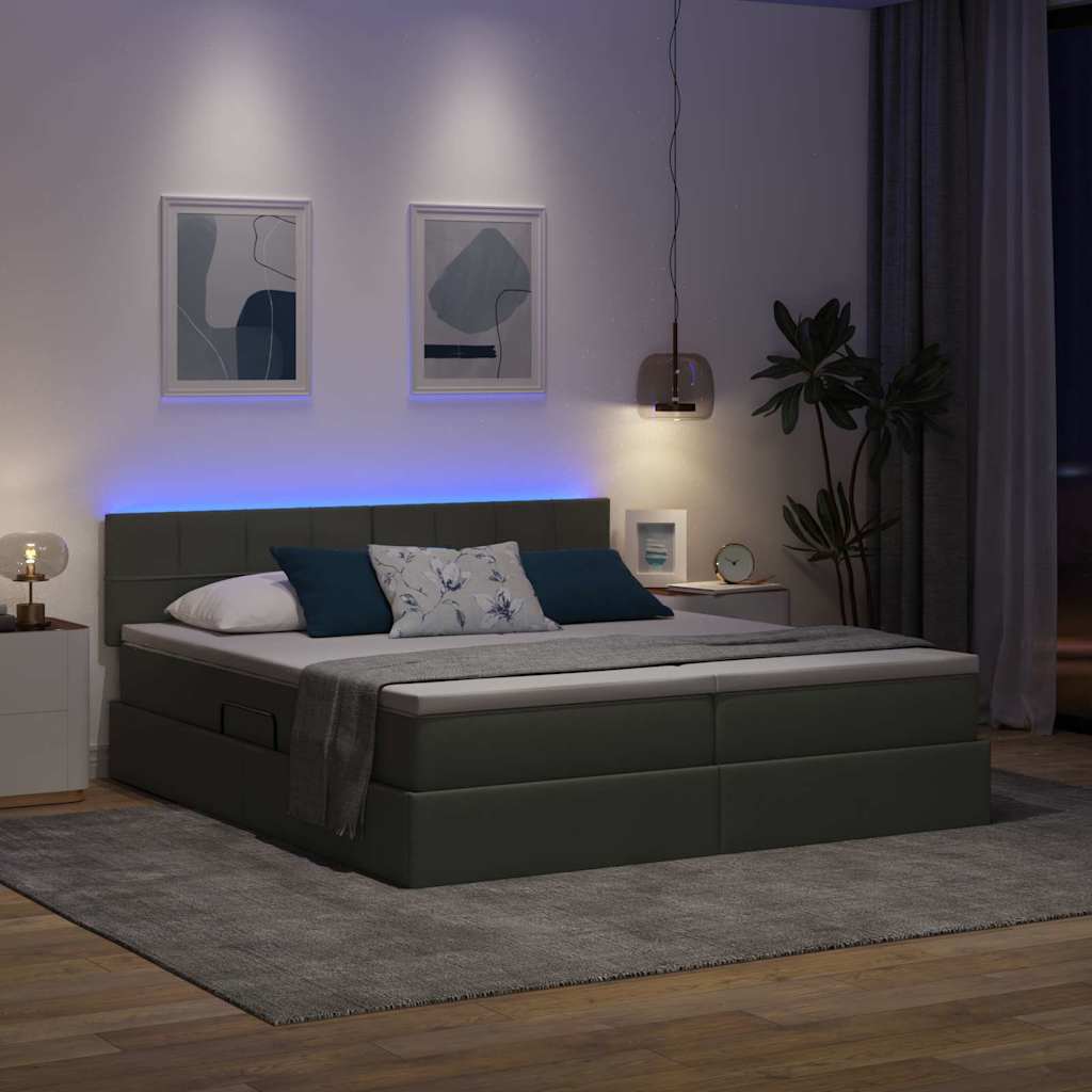 Ágy LED -es lámpákkal tárolóval Sötétszürke 200 x 200 cm szövet
