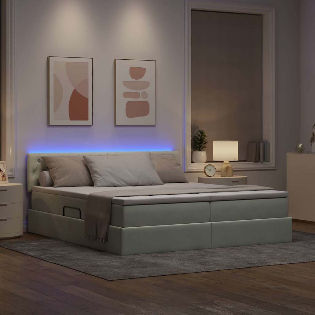Ágy LED -es lámpákkal Világosszürke 200 x 200 cm Bársony