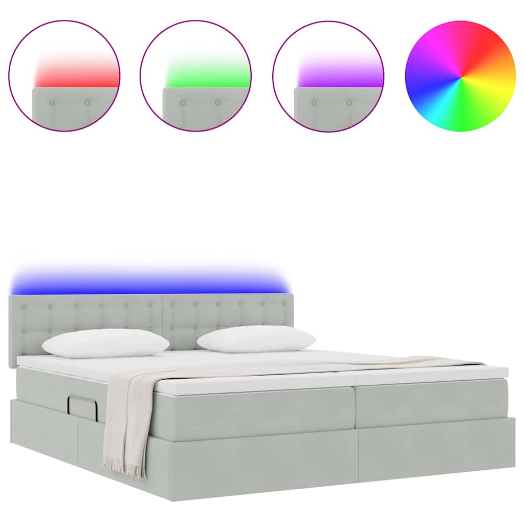 Ágy LED -es lámpákkal Világosszürke 200 x 200 cm Bársony