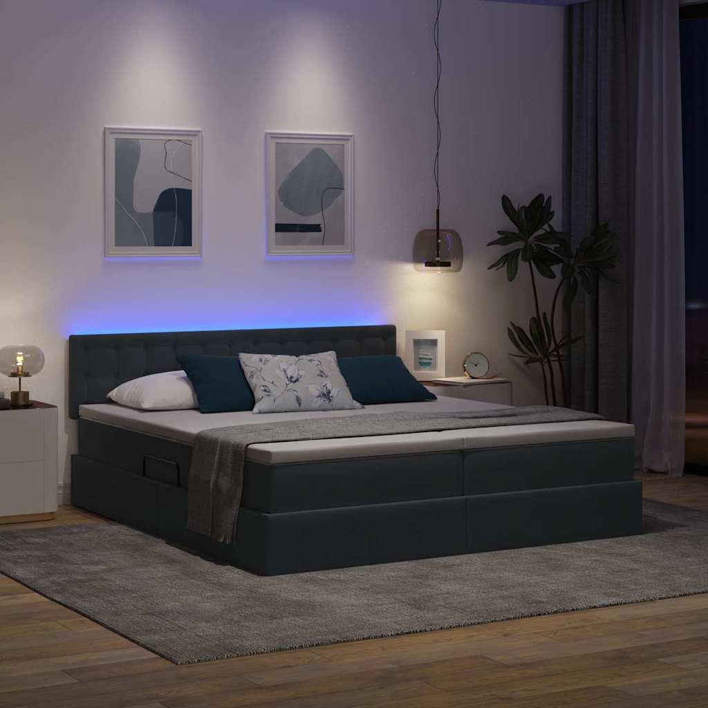 Ágy LED -es lámpákkal Sötétszürke 200 x 200 cm Bársony