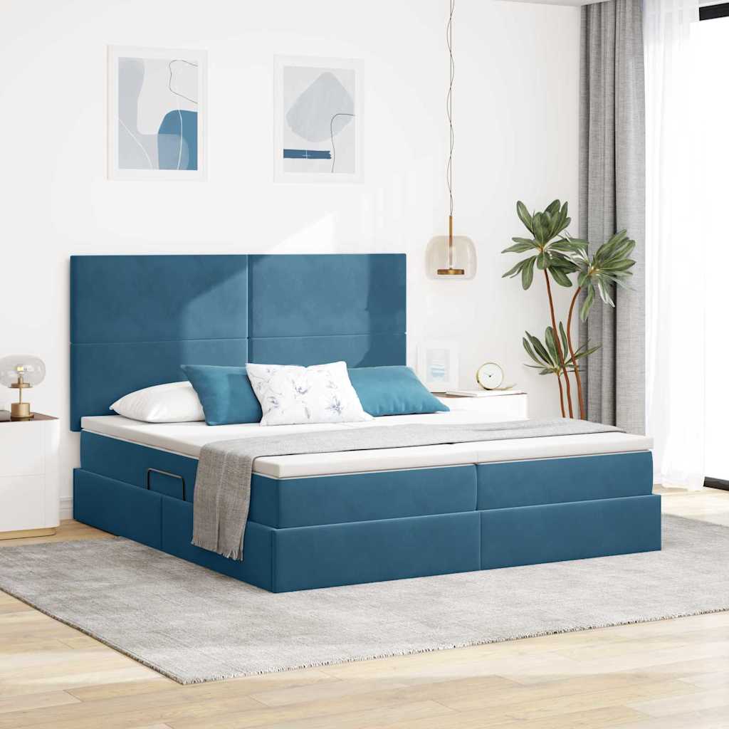 Ágy LED -es lámpákkal tárolóval Sötét kék 200 x 200 cm Bársony