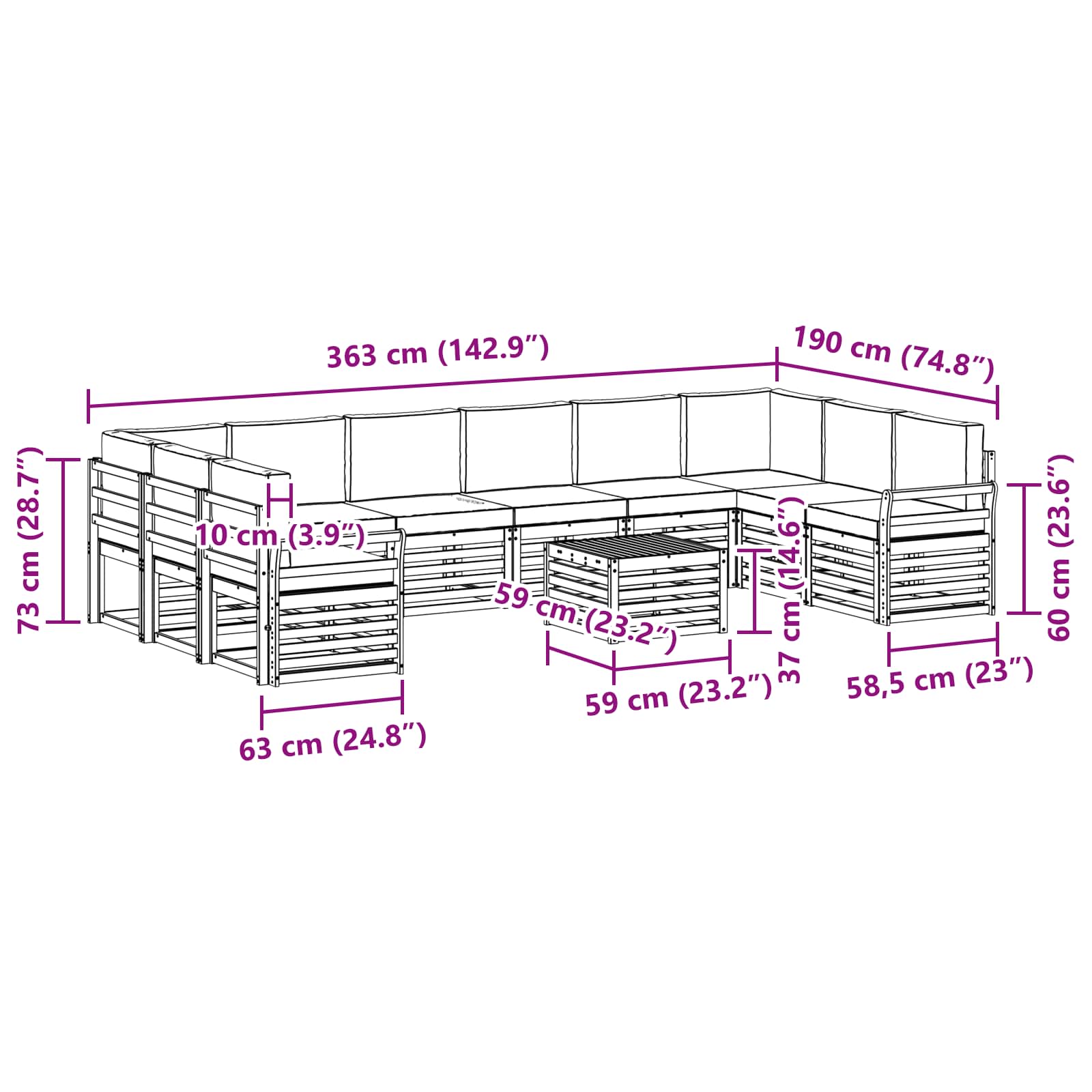 Ülőgarnitúrák 11 pcs Természetes és antracit Tömör Akácfa