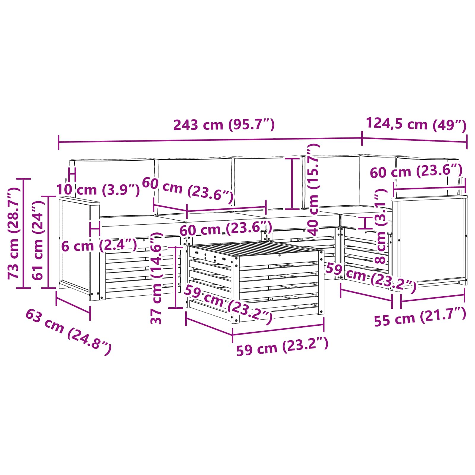 Szegmentált kanapé szett párnával 5 pcs Természetes és antracit