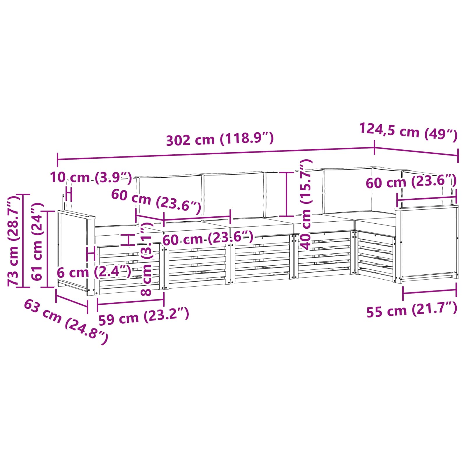 Szegmentált kanapé szett párnával 5 pcs Természetes és antracit