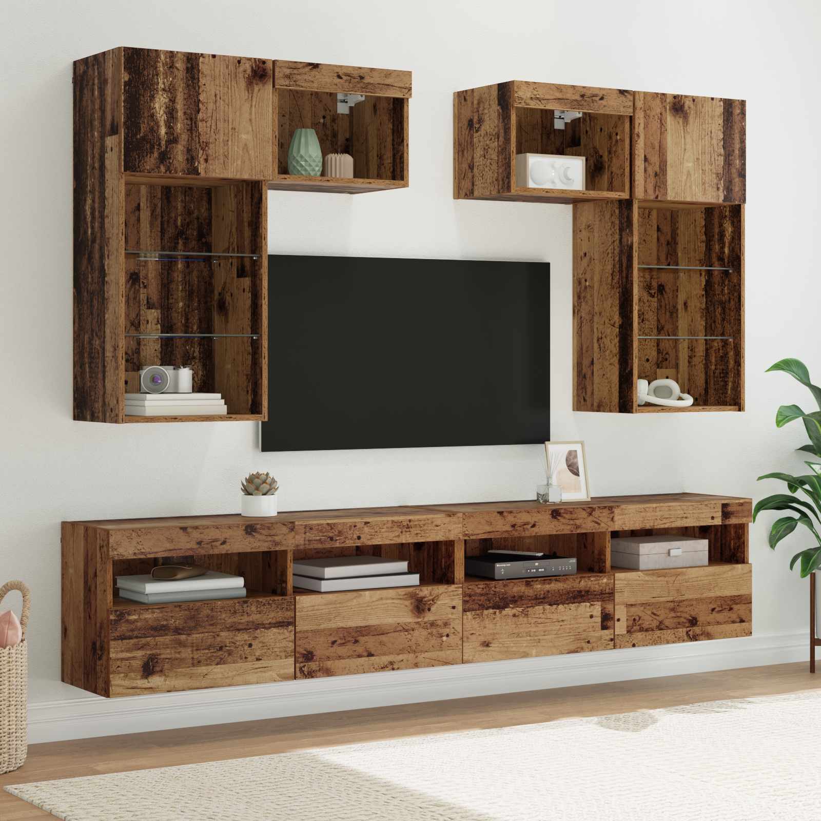 TV Fali Egységek LED -es lámpákkal 6 pcs Fekete tölgy Faanyag