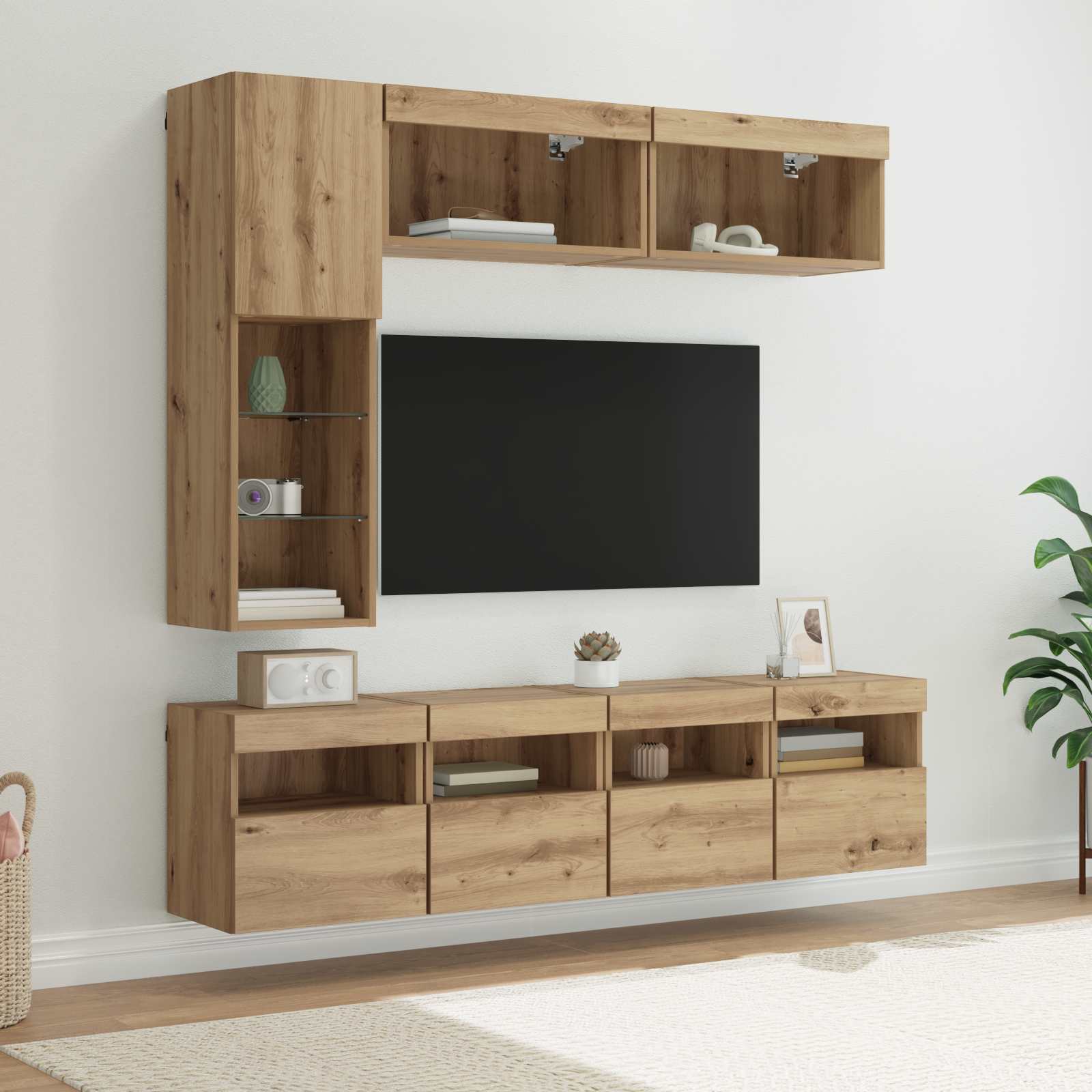 TV szekrény leddel Falra szerelhető 7 pcs Artisan tölgy Faanyag