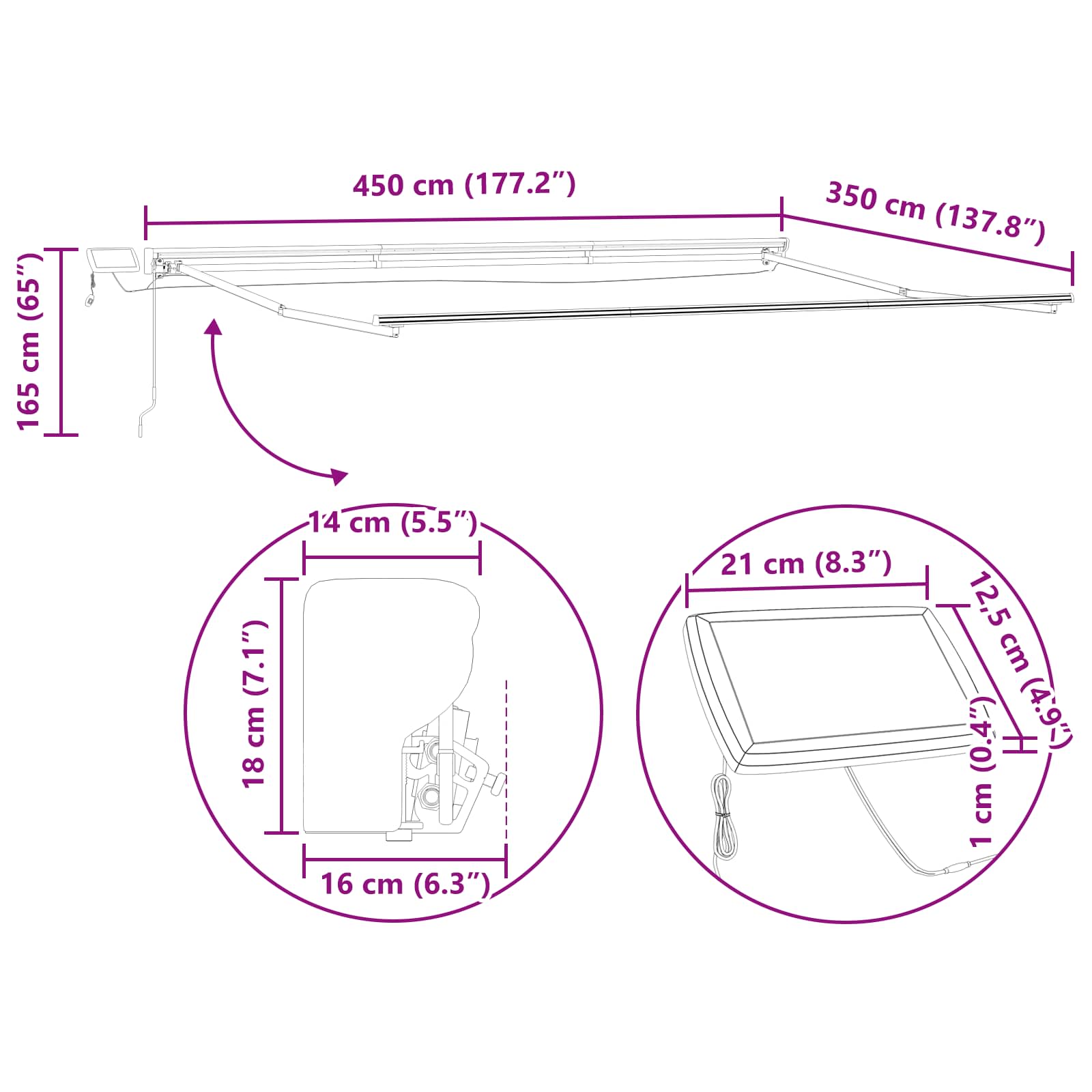 Kézi napellenző keret LED világítással Krém 4,5 × 3,5 m