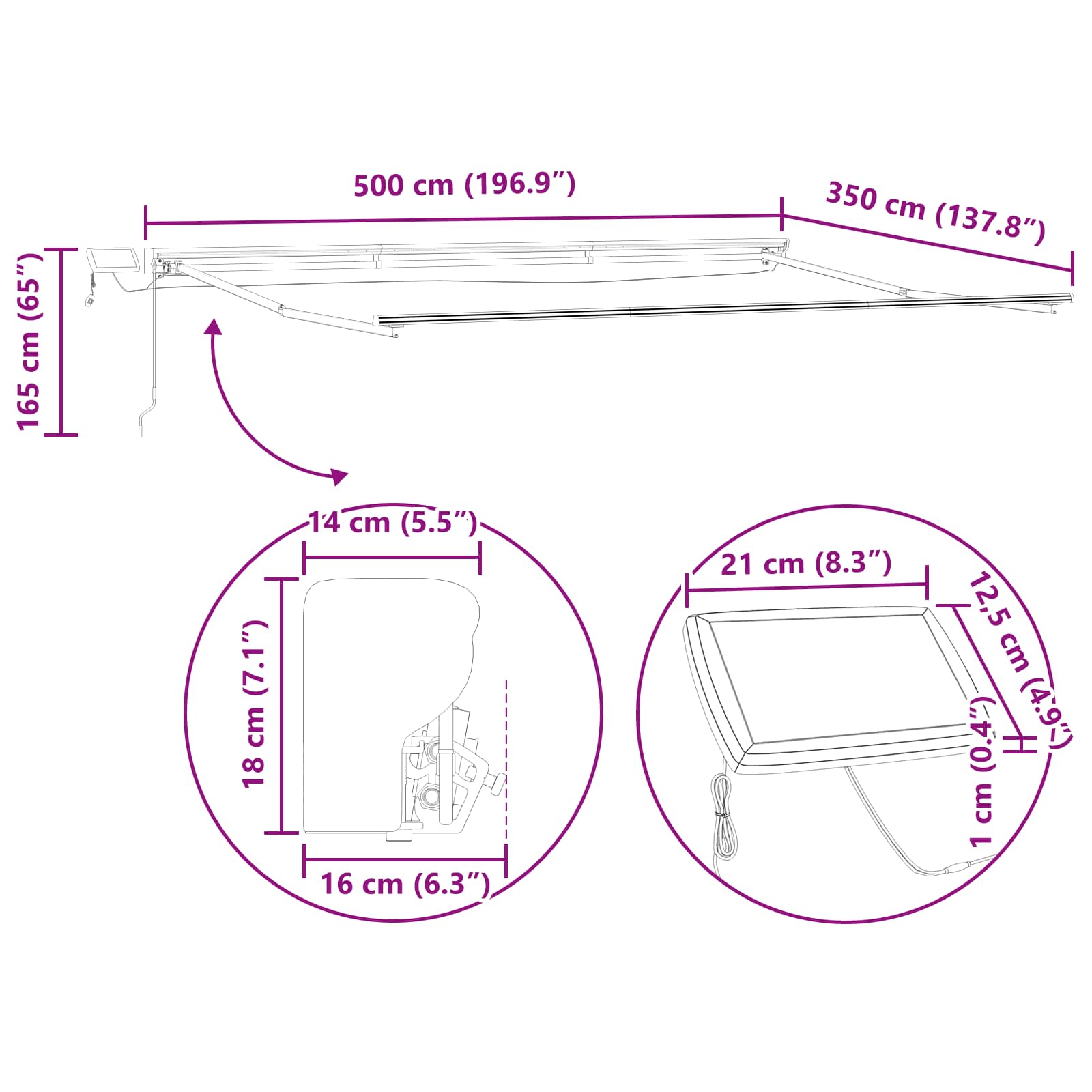 Kézi napellenző keret LED világítással Fehér 5 × 3,5 m